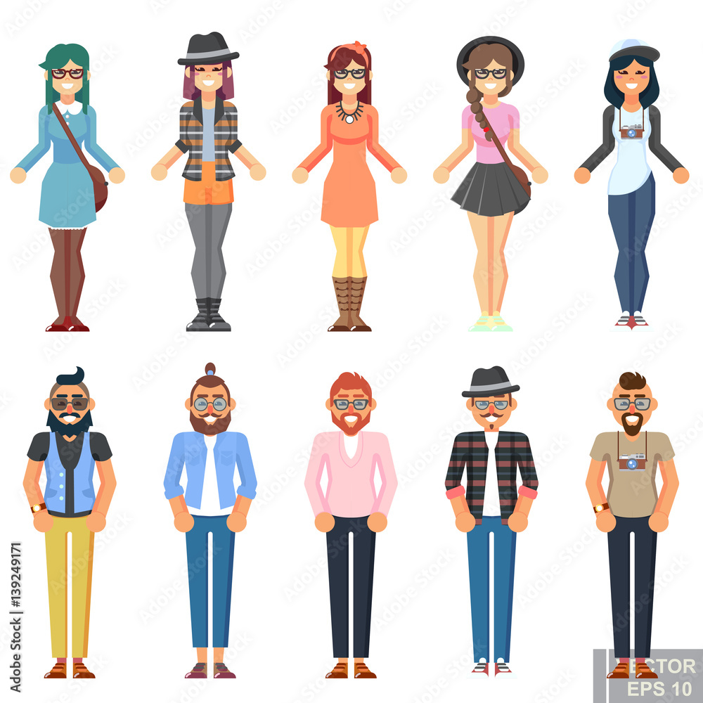 Hipster style bearded man young woman, character set avatar flat collection  Geek pack guys girls set isolated vector flat illustration Stock Vector