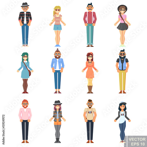 Hipster style bearded man young woman, character set avatar flat collection Geek pack guys girls set isolated vector flat illustration
