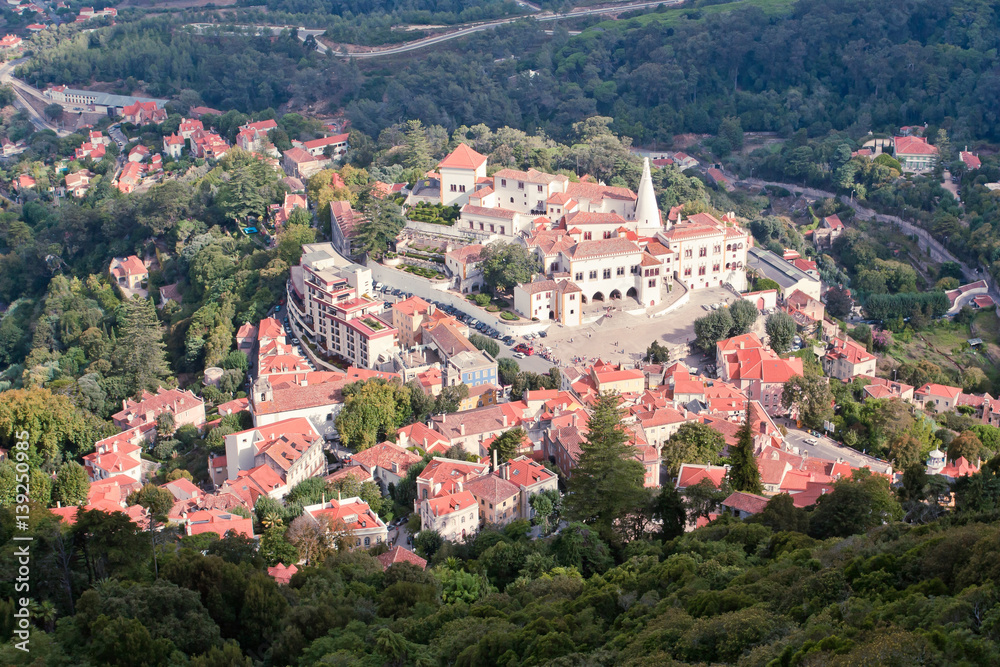 Panoramic view of Sintra town. Major tourist destination in Portugal. Luxury dining and tourism destination within the Portuguese Riviera. UNESCO World Heritage Site.