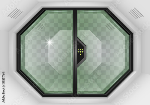 Glass sliding gates lab or space station. Fantastic interior. Vector graphics with transparency effects