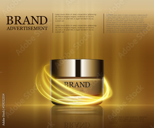 Cosmetic ads template, droplet bottle mockup isolated on dazzling background. Golden foil and bubbles elements. 3D illustration.