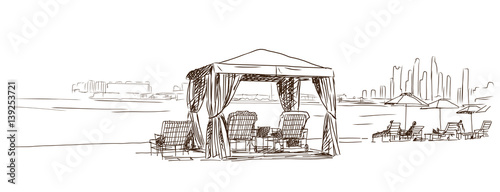 Sketch of Arabic tent on beach. Vector illustration.