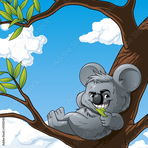 Photography Illustration of a smiling koala leaning of a tree and eating