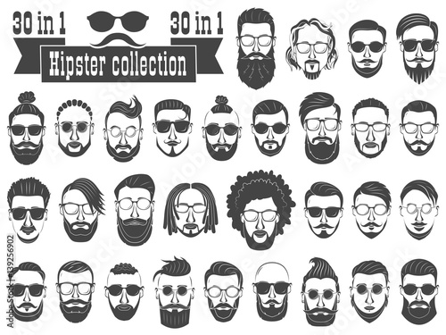 Superset of 30 hipsters bearded men with different hairstyles, mustaches, beards isolated on white background.
