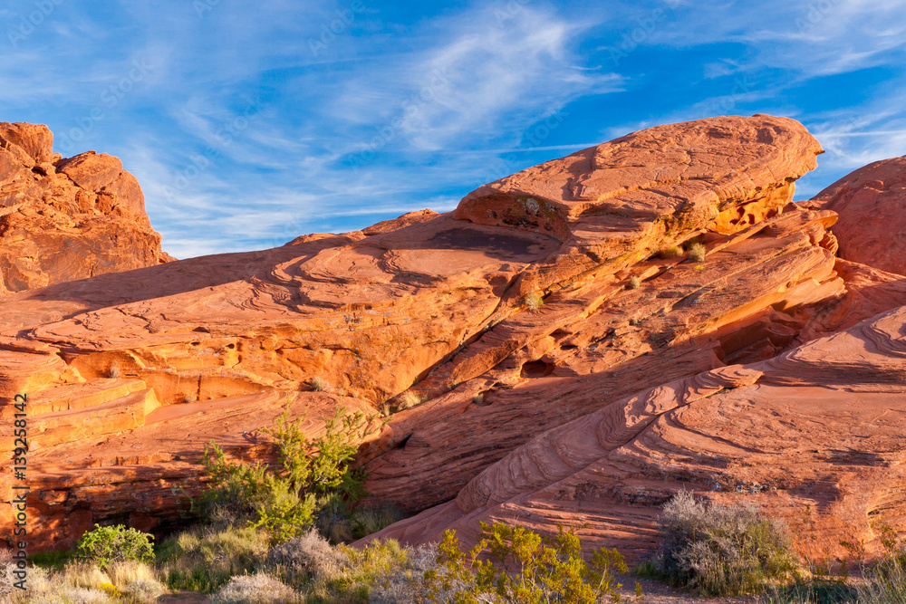 The unique red sandstone rock formations in Valley of Fire State park, Nevada, USA.