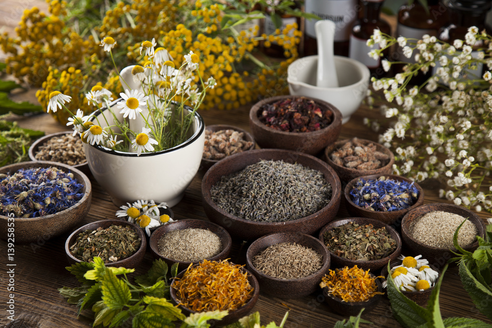 Alternative medicine, dried herbs and mortar on wooden desk background Alternative medicine, dried herbs and mortar on wooden desk background