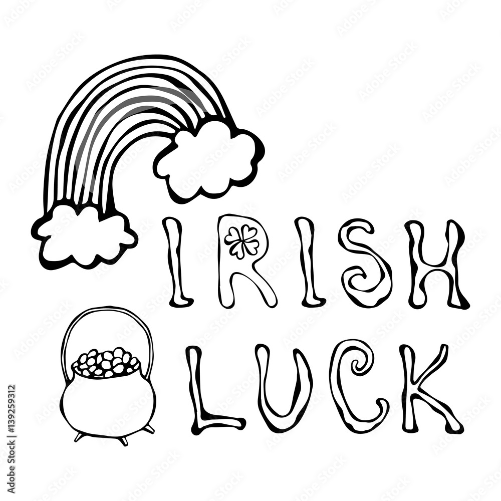 Irish Luck Logo with Rainbow and Pot of Gold and Clover. Outline.