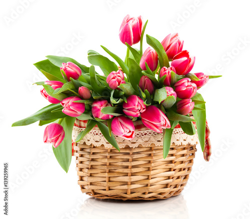 Red tulip flowers in a basket on a white background #139259965