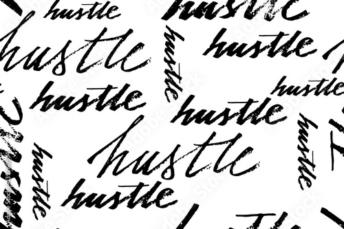 Text seamless pattern hustle. Handwritten black text on white background, vector. There is a swatch in the panel.