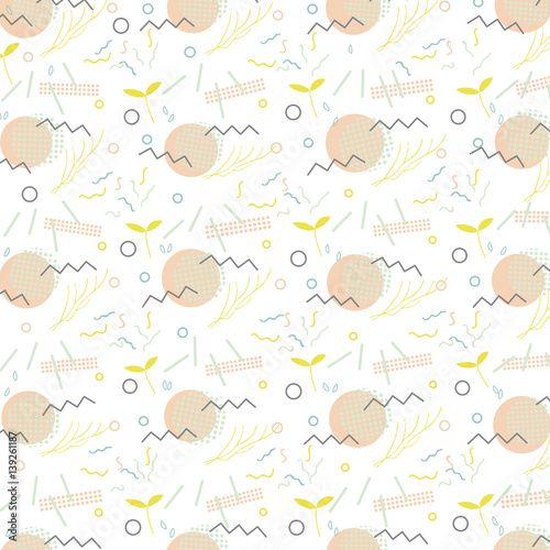 Trendy geometric elements memphis card. Pattern for tissue and postcards. Spring poster  background. Vector illustration