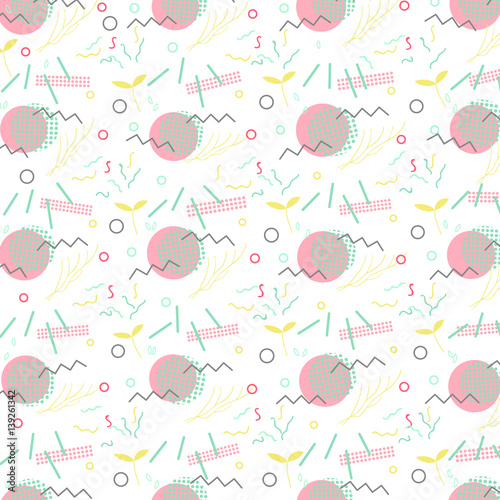 Trendy geometric elements memphis card. Pattern for tissue and postcards. Spring poster  background. Vector illustration