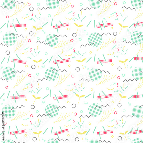 Trendy geometric elements memphis card. Pattern for tissue and postcards. Spring poster  background. Vector illustration