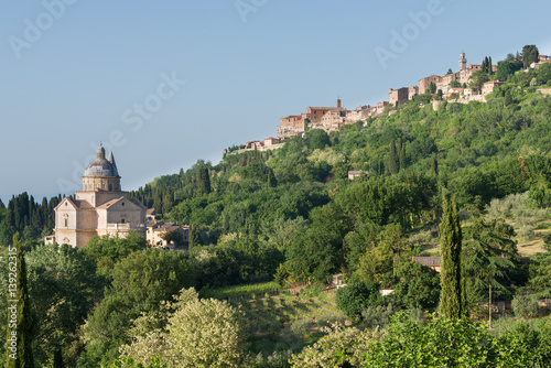 Fototapeta Montepulciano, hilltop town with cathedral in Tuscany