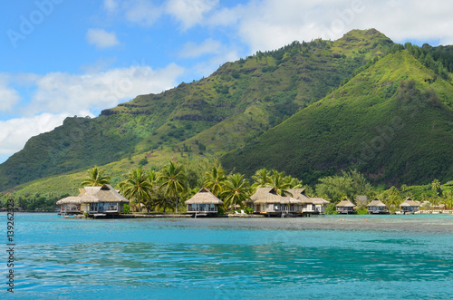 Luxury thatched roof honeymoon bungalows in French Polynesia