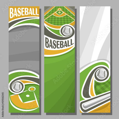 Photography Vector Vertical Banners for Baseball 3 cartoon template for title text on baseball theme, green sports field with hitting bat flying ball, abstract vertical banner for advertising on grey background