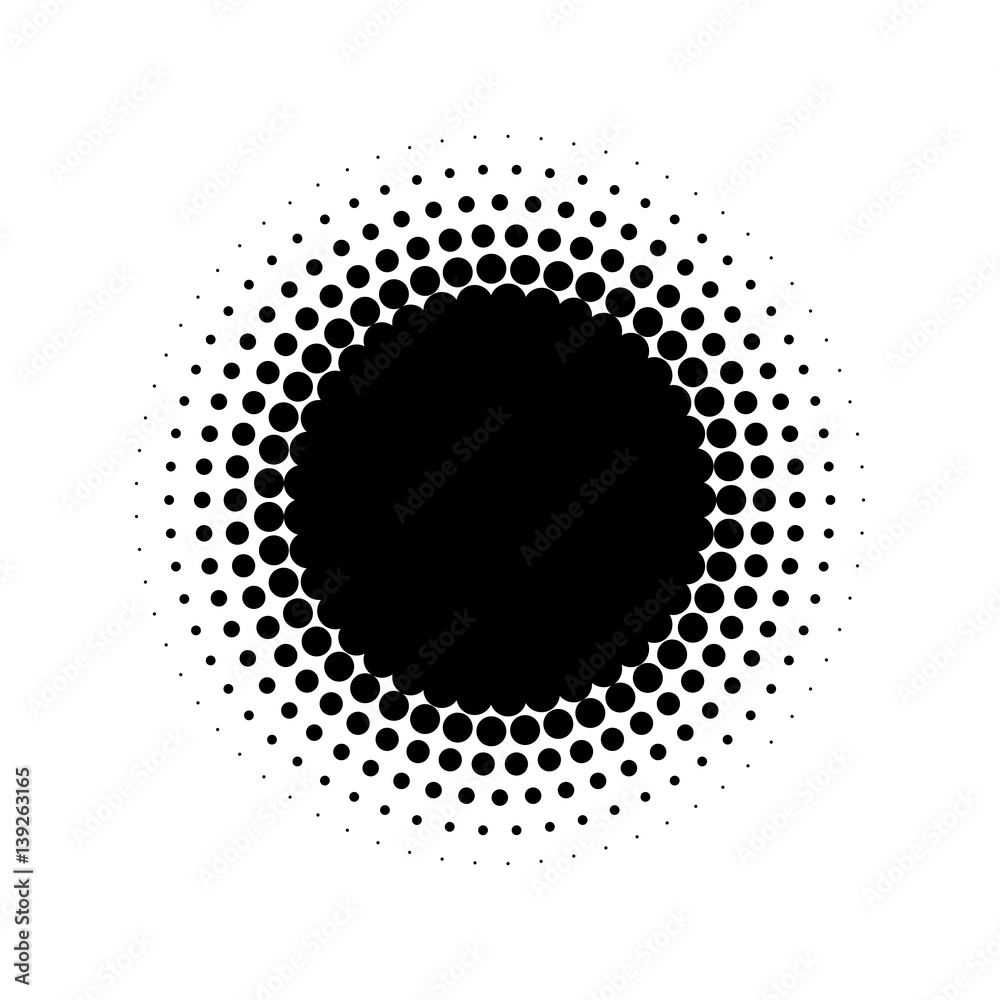 Abstract halftone circle of dots in radial arrangement. Black and white vector illustration element.