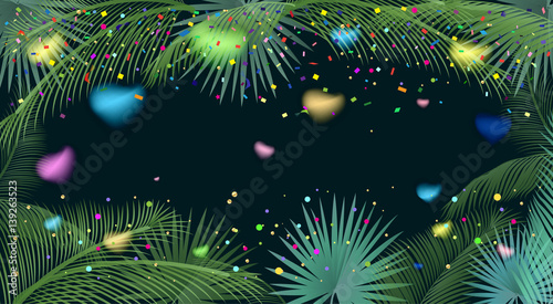 Confetti poster. Abstract background with colorful confetti  blurred hearts  bright sparkles  palm tree leaves frame. Vector illustration. Tropical  exotic palm tree leafs frame on black background.