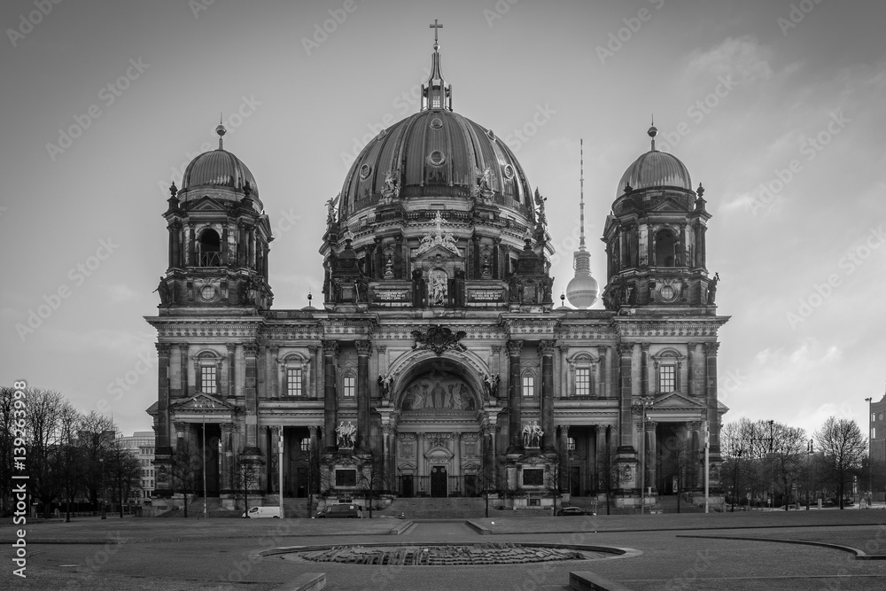The Berlin Cathedral on the Museuminsel in Berlin, Germany on a morning in February black and white
