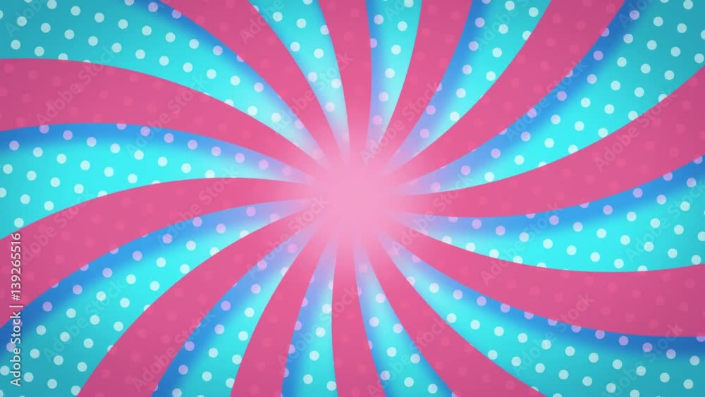 Pink Twisted Sunburst rotating over Blue background With white Dots Pattern loop for your logo or text. colorful cartoon retro pinwheel, hypnotic swirl, vintage blue and pink abstract background