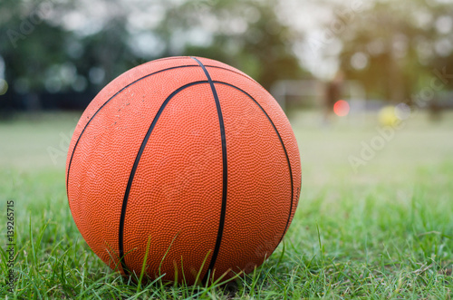 close up of basket ball on green meadow
