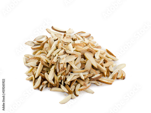pile of silced almond on white background