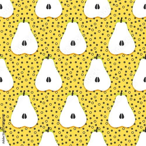 Pear fruit motif seamless pattern. Colorful decoration design background. Trendy memphis style illustration with dots and circles
