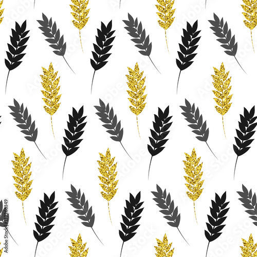 Gold floral background. Vector glitter seamless pattern with leaves. Modern stylish texture. Repeat design. Perfect print. Trendy botanical illustration.