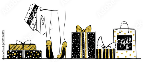 Vector girl in gold high heels surrounded by shopping bags, gift boxes.Fashion illustration.Female legs in shoes.Glitter Design for sale,discount, advertising, store.Vogue style.Women with packages.