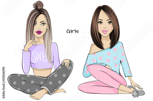 Set with cute girls. Vector young ladies. Fashionable teens. Stylish chick.