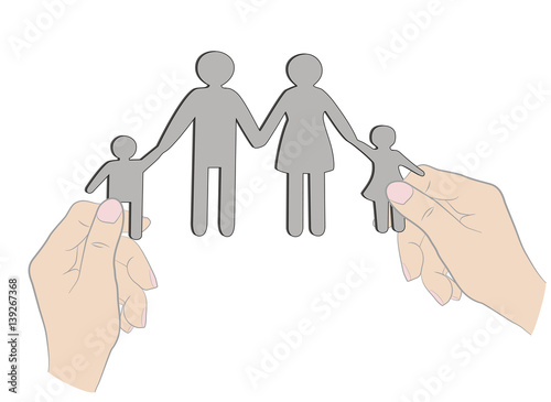 hands holding family silhouette cut out of paper. vector illustration.