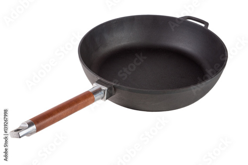 pan with a wooden removable handle isolated on white background