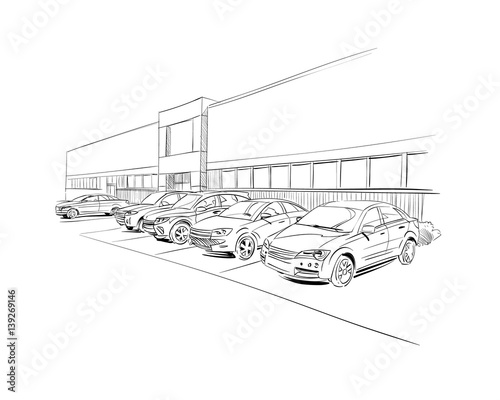 Car showroom exterior design sketch. Hand drawn vector illustration
