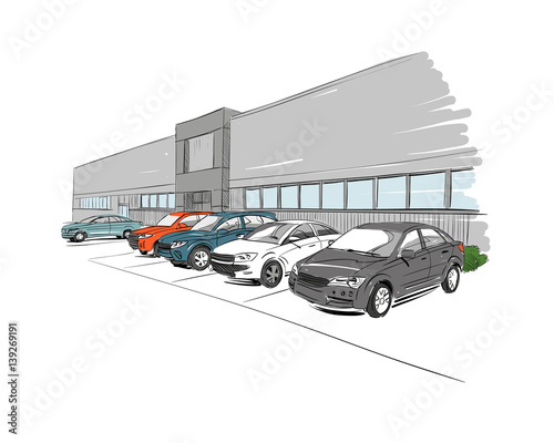 Car showroom exterior design sketch. Hand drawn vector illustration
