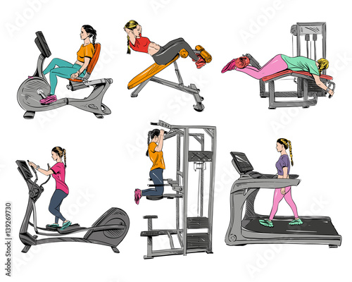 Woman engaged on the training apparatus in the gym. Hand drawn vector illustration. 