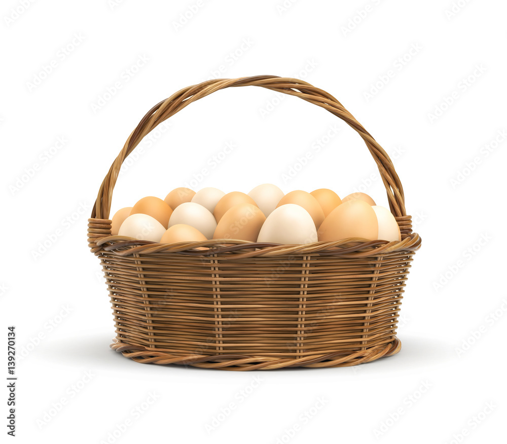 Chicken eggs in rattan basket. 3d illustration Chicken eggs in rattan basket. 3d illustration