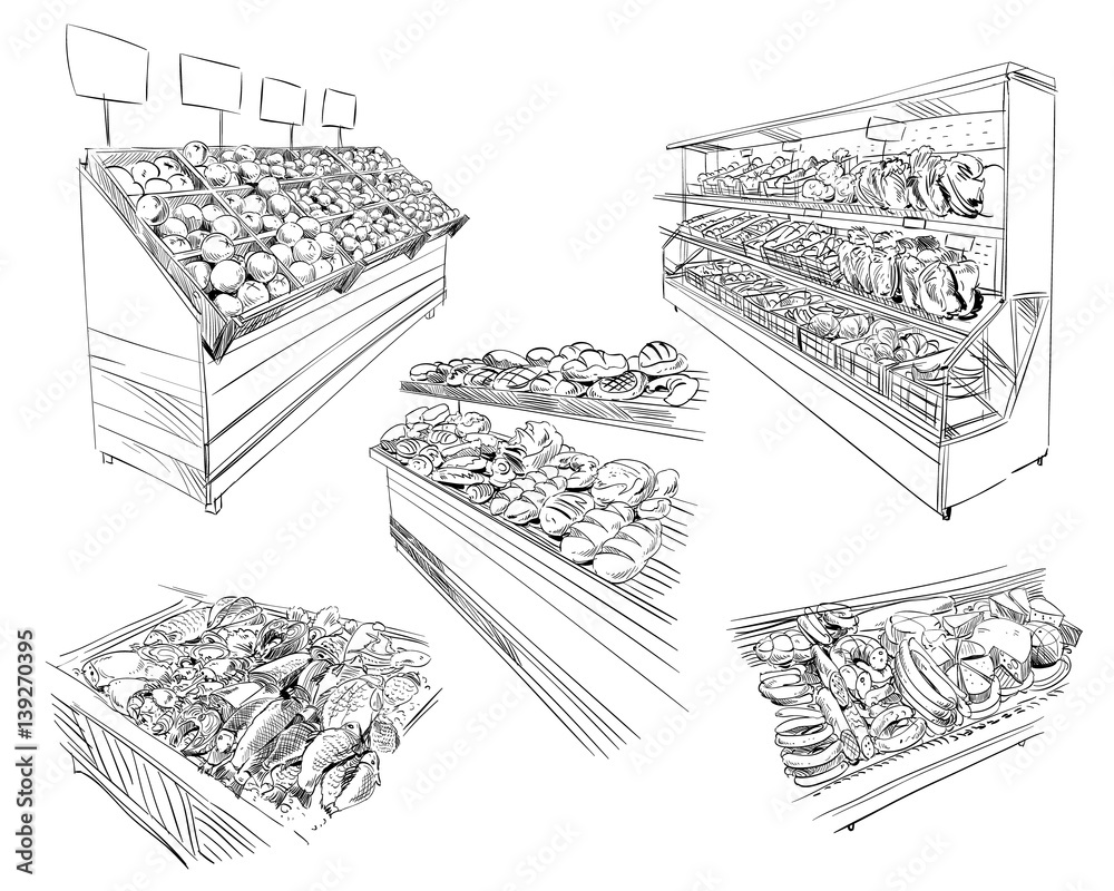 Beautiful showcases with food in supermarket. Hand drawn sketch design.  Vector illustration. Stock Vector | Adobe Stock