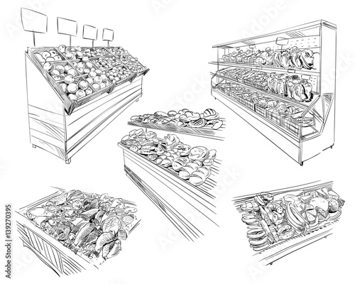 Beautiful showcases with food in supermarket. Hand drawn sketch design. Vector illustration. 