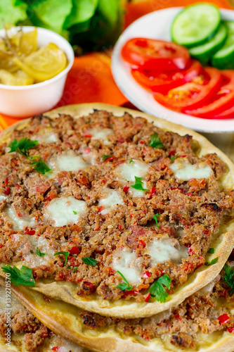 Turkish pizza Lahmajoun Lahmacun with ground beef