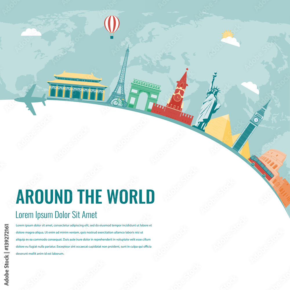 Travel composition with famous world landmarks. Vector