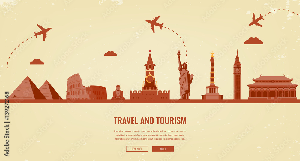 Travel composition with famous world landmarks. Travel and Tourism. Concept website template. Vector.