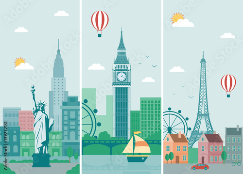 Cities skylines design with landmarks. London, Paris and New York cities skylines design with landmarks. Vector #139272131