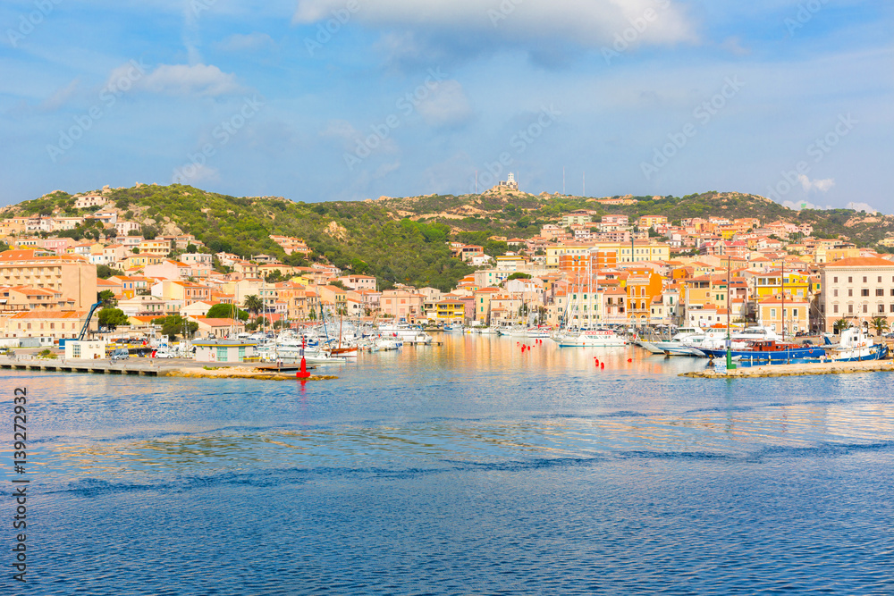 View the town of La Maddalena  from ferry boat, northern Sardinia, Italy