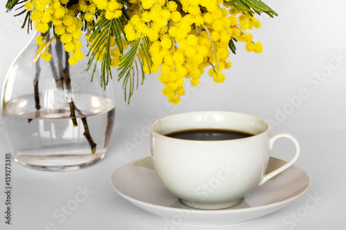 Cup of coffee and vase of glass with blooming branches of mimosa on a white background © Alona