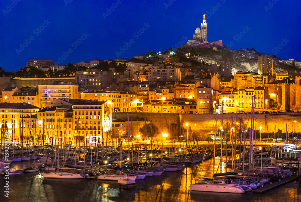 The harbor of Marseille at night