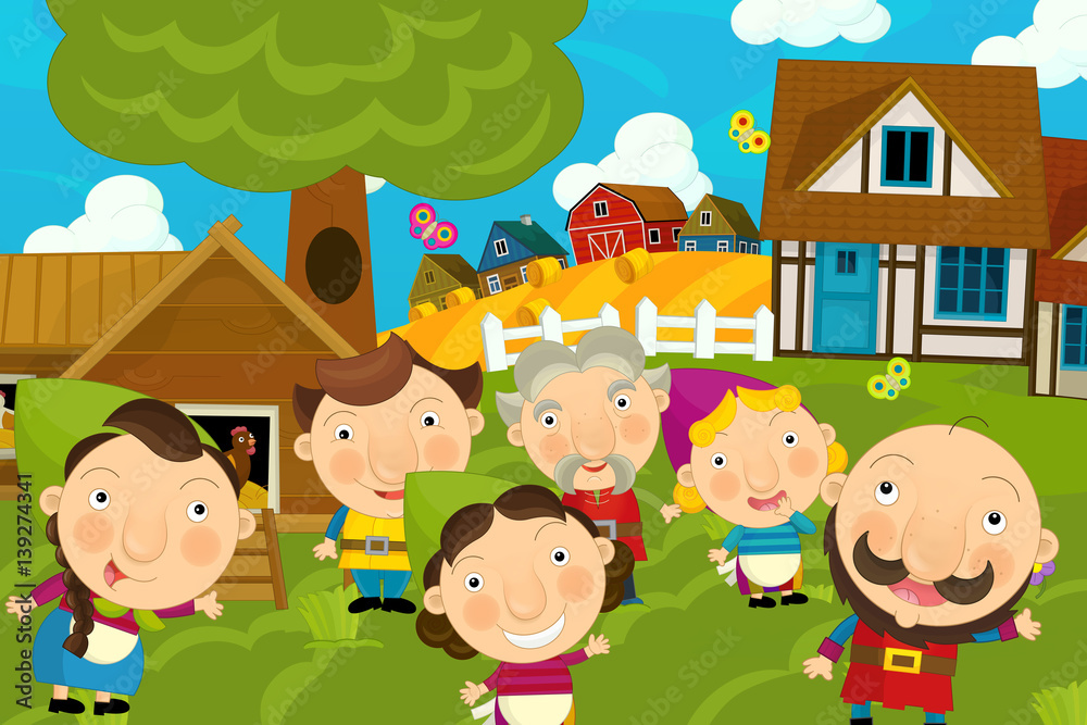cartoon illustration of traditional farm village with happy farmers families
