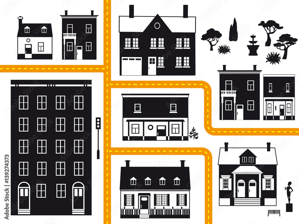 City neighborhood with different types of real estate, vector illustration, black, orange and yellow only, no white objects