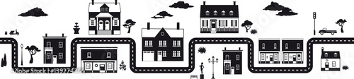 City neighborhood with different types of real estate, seamless vector border, no white objects, black only 