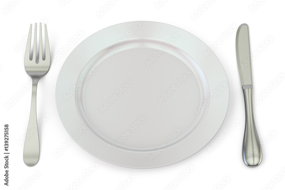 Empty plate with knife and fork, 3D rendering Empty plate with knife and fork, 3D rendering