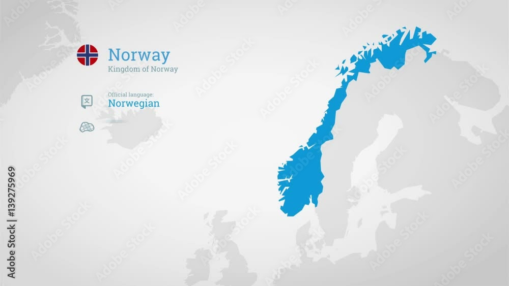 Animated infographics map with country's flag and profile. Norway