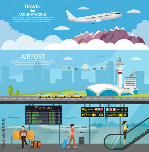 Airport passenger terminal and waiting room. International arrival departures background vector illustration airplane infographic